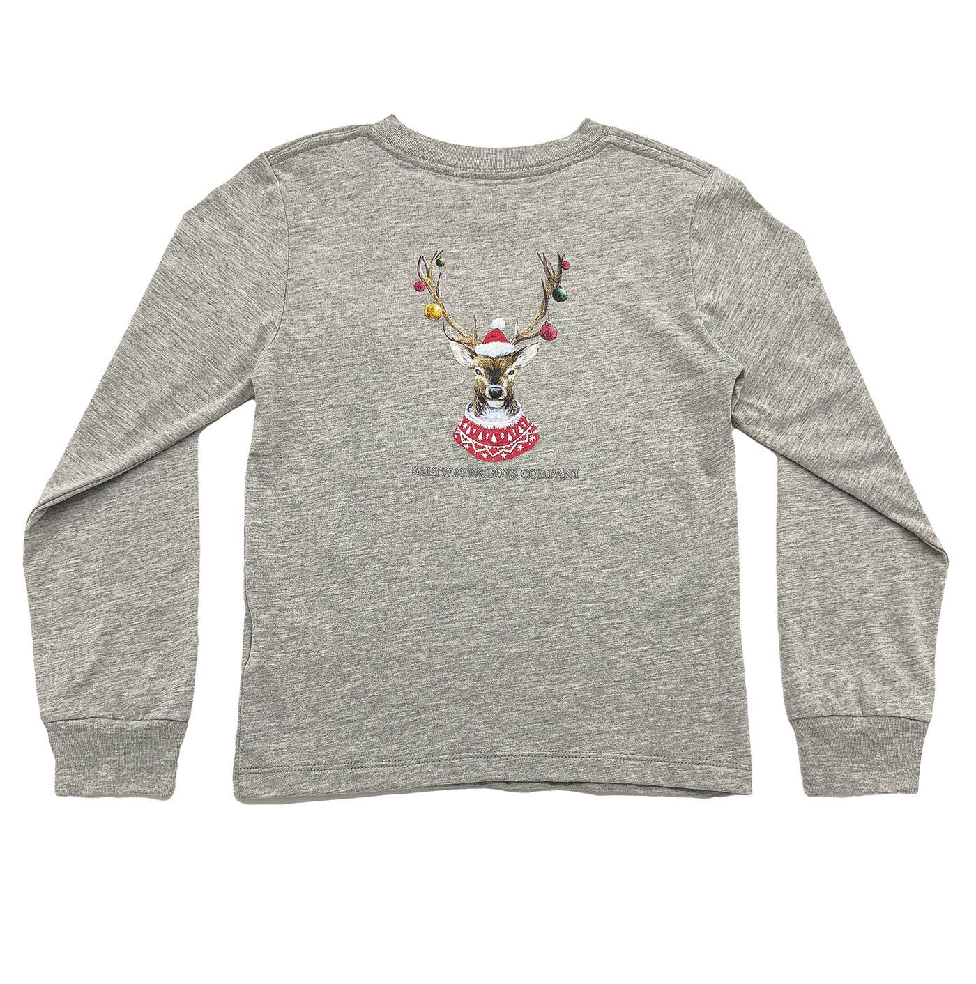 Boys Christmas Ornament Deer Graphic Tee LS Grey
