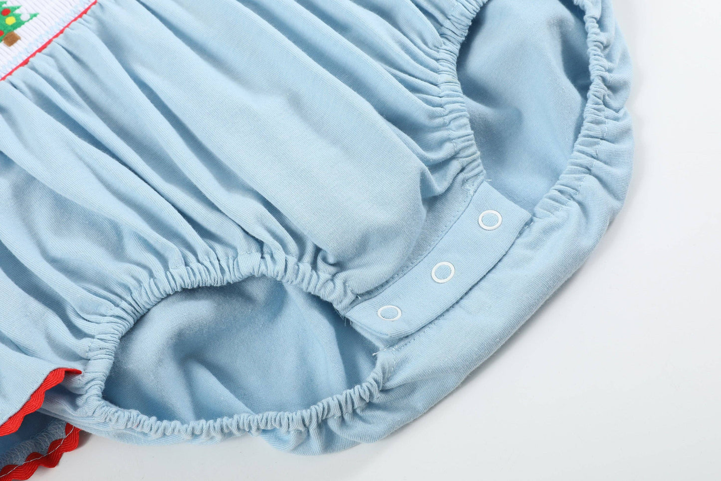 Light Blue Christmas Tree Smocked Knit Ruffle Romper