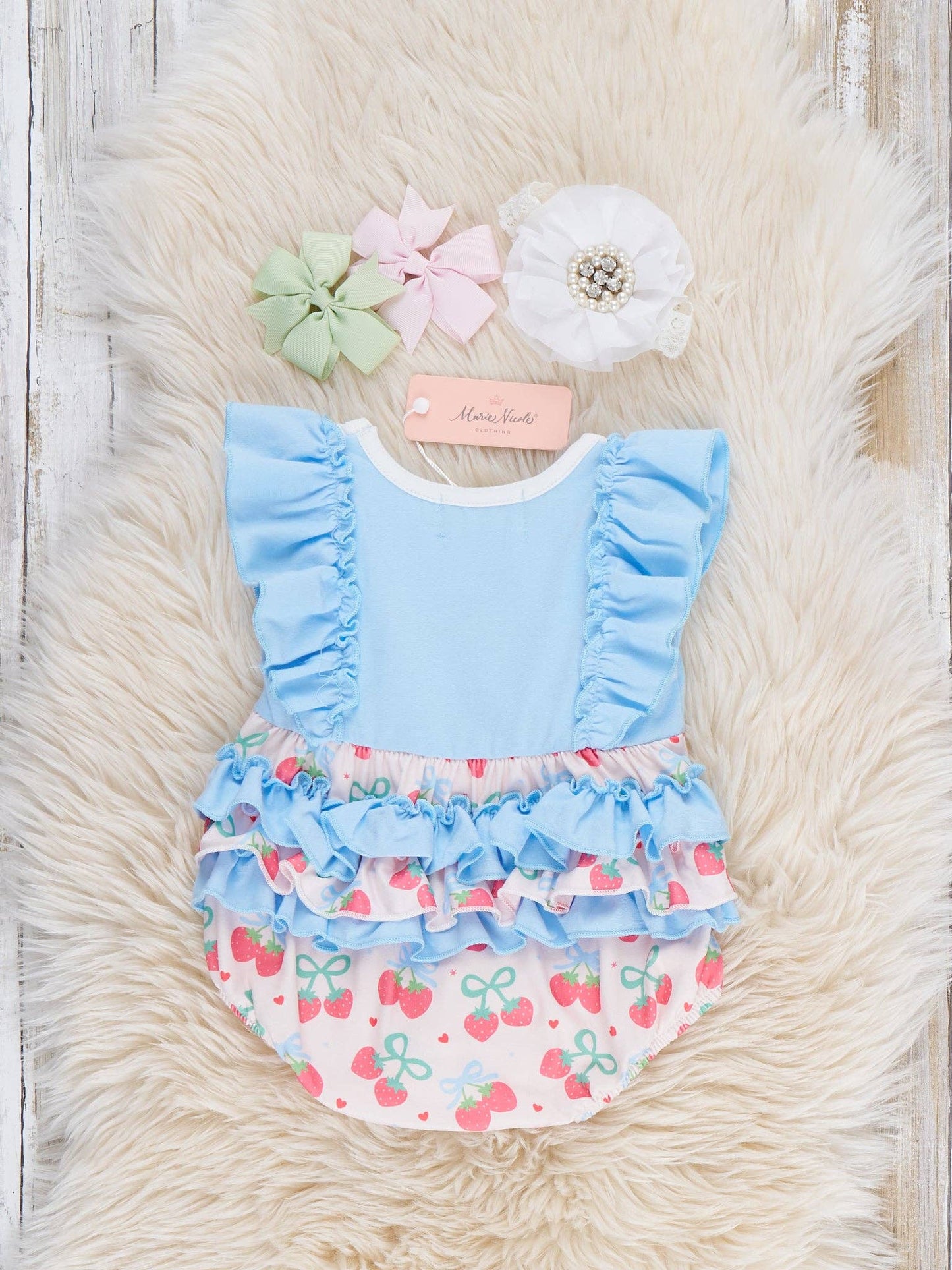 Strawberry Bow Embroidered Ruffle Bubble Romper