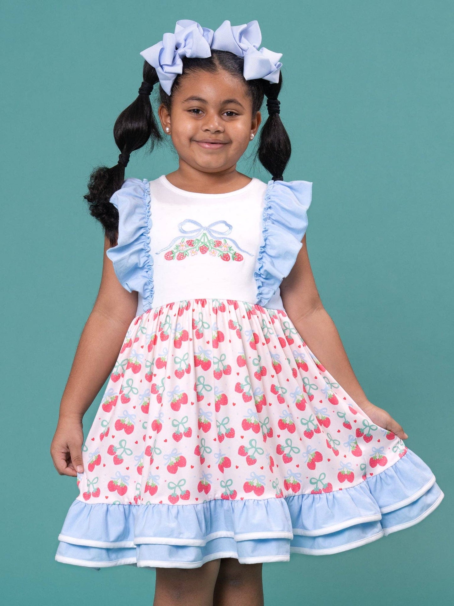 Strawberry Bow Embroidered Ruffle Dress