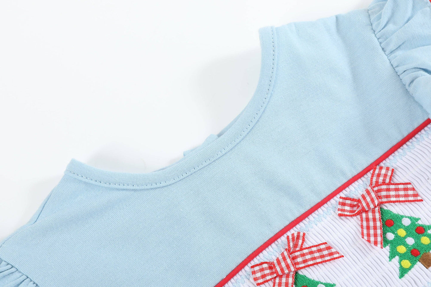 Light Blue Christmas Tree Smocked Knit Ruffle Romper