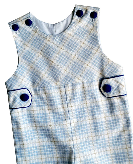 Boy's "Mia and Jules" Light Blue Checkered Overalls