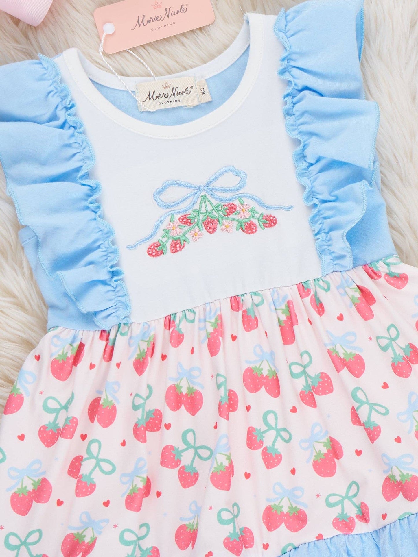 Strawberry Bow Embroidered Ruffle Dress