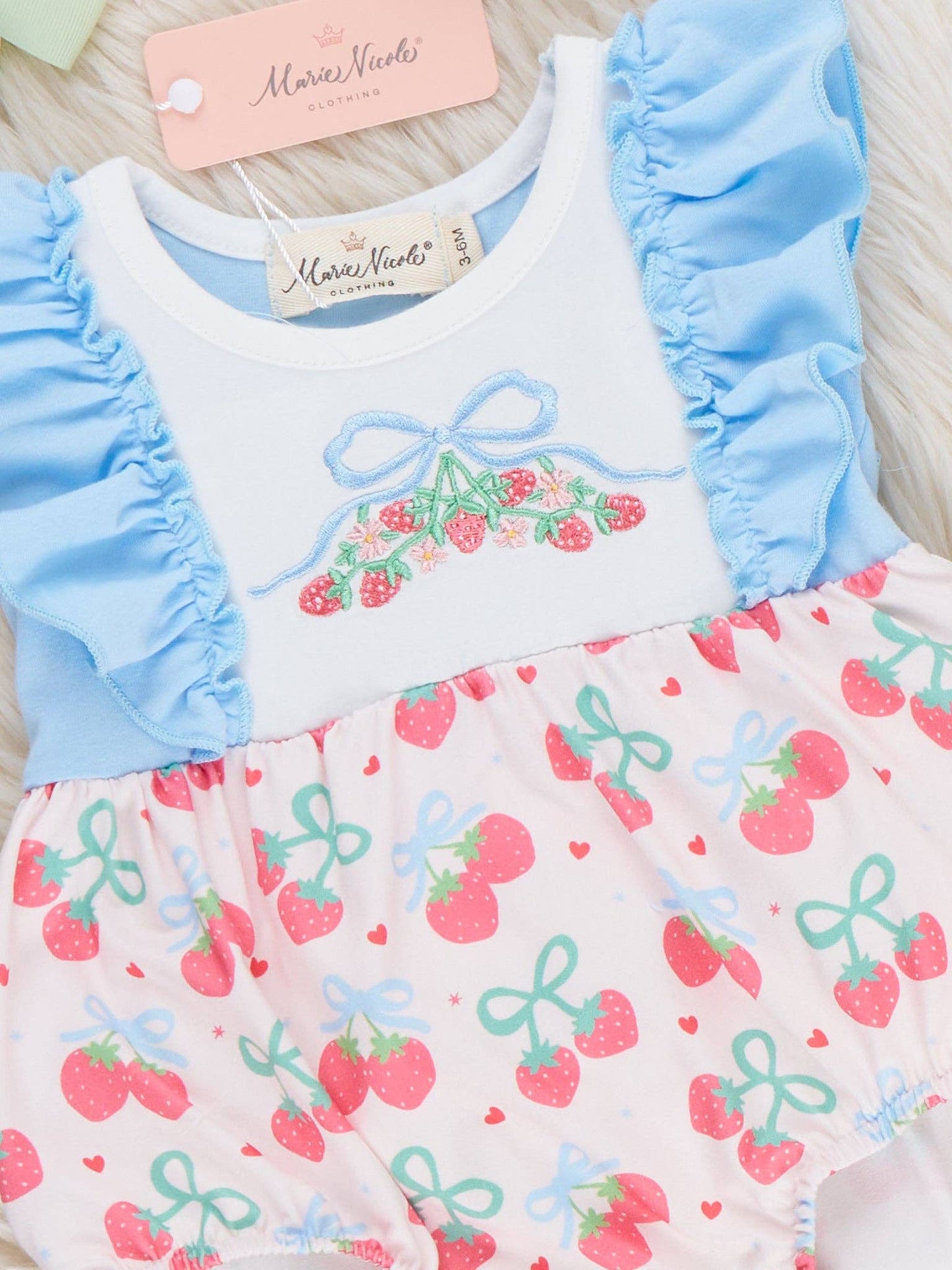 Strawberry Bow Embroidered Ruffle Bubble Romper