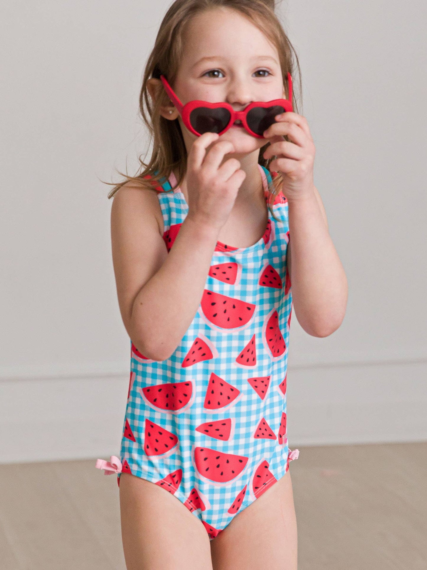 Girls Watermelon Gingham Cross-Back One Piece Swimsuit