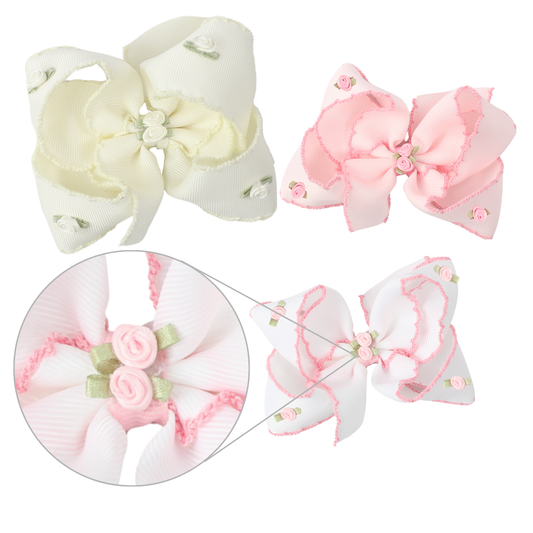 FLOWER EMBELLISHED CROCHET EDGE BOW ON ALLIGATOR CLIP