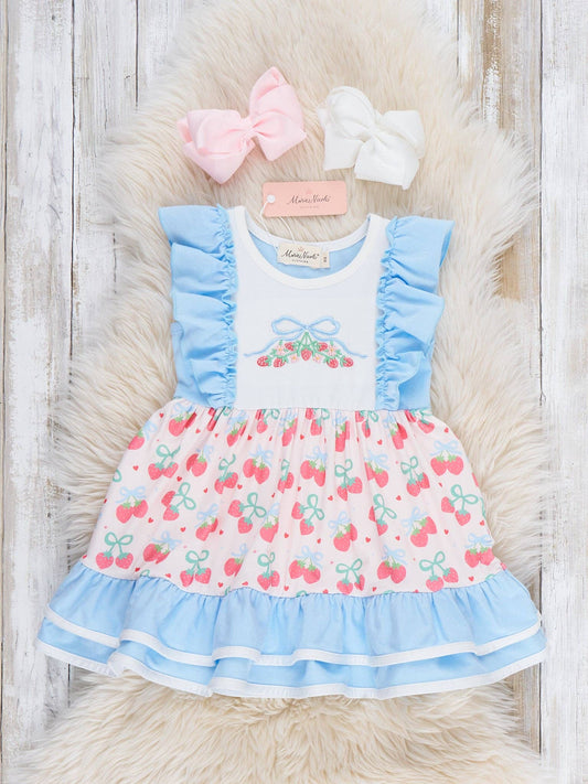 Strawberry Bow Embroidered Ruffle Dress