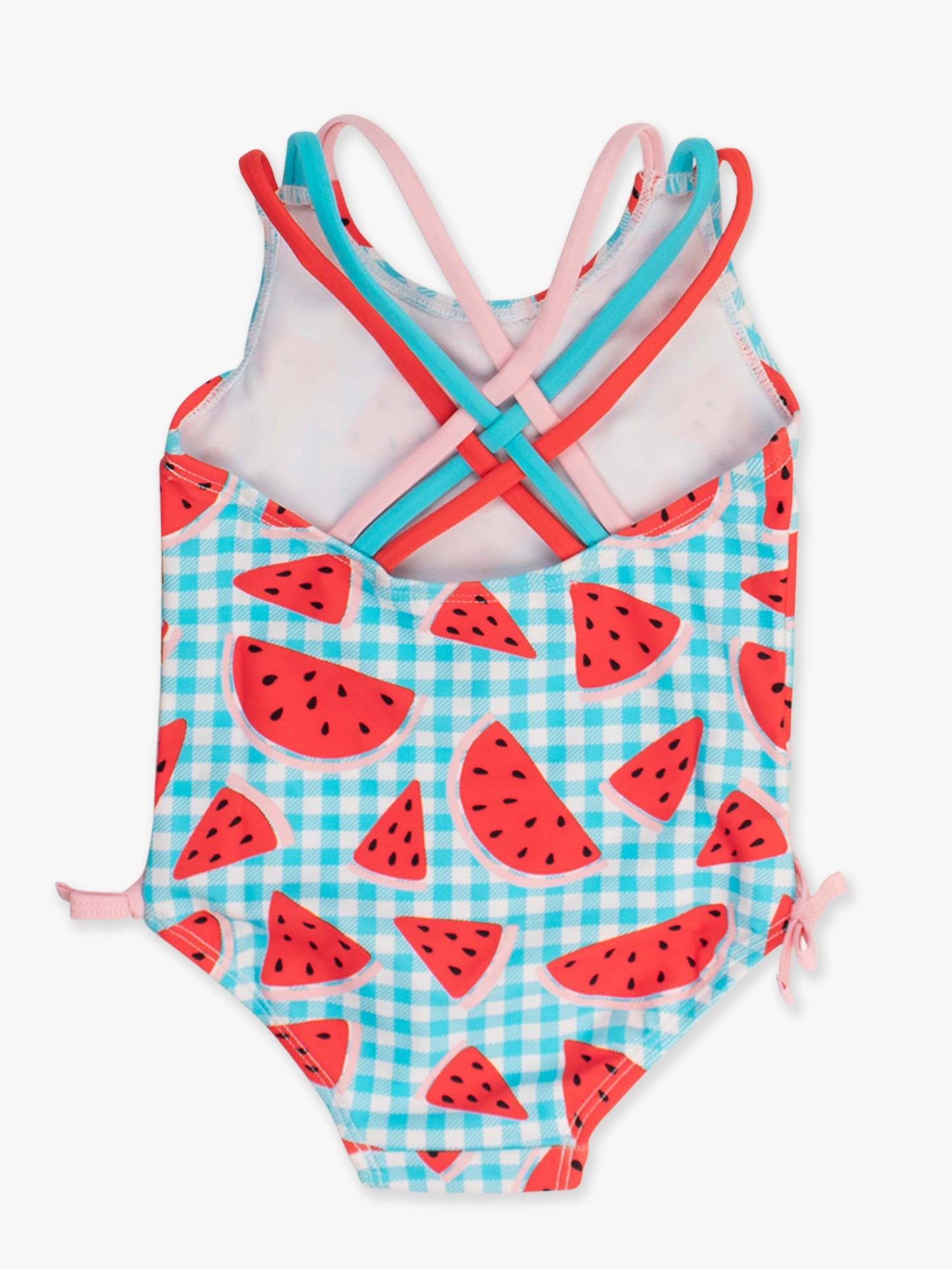 Girls Watermelon Gingham Cross-Back One Piece Swimsuit