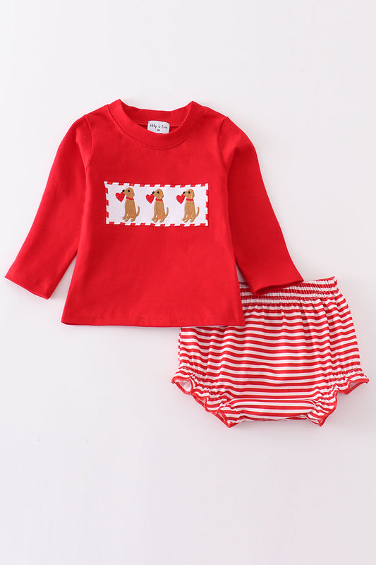 Red valentine puppy embroidery boy bloomer set