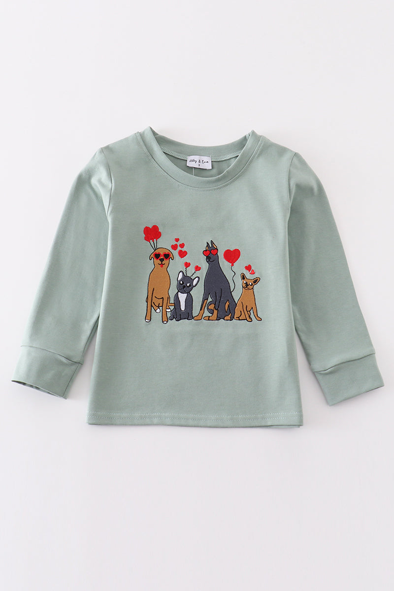 Sage valentine puppy heart embroidery boy top