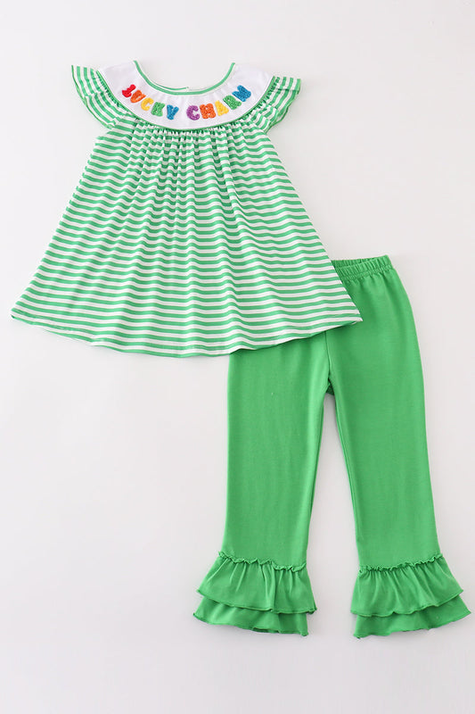 Green stripe lucky charm french knot girl set