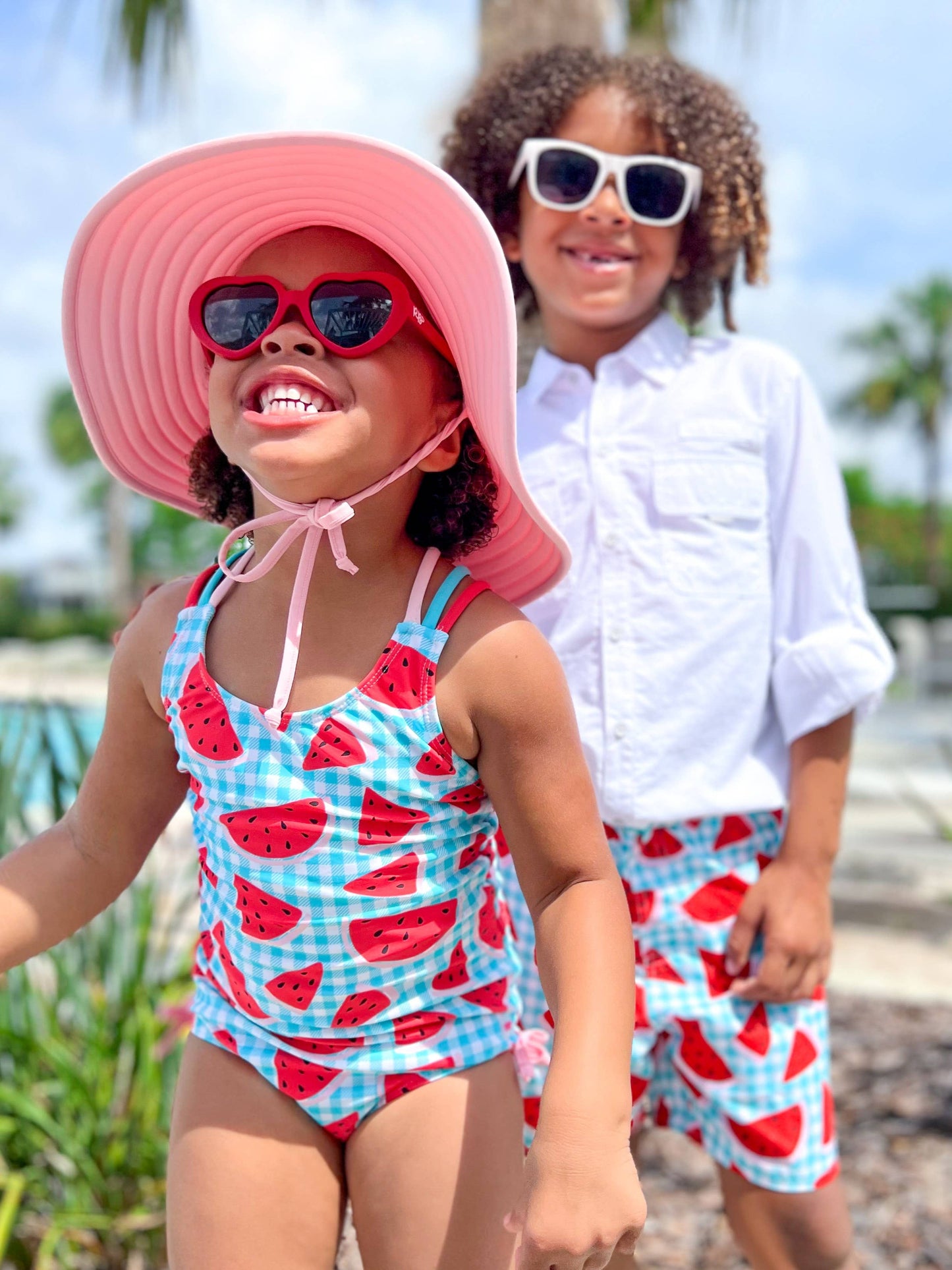 Girls Watermelon Gingham Cross-Back One Piece Swimsuit