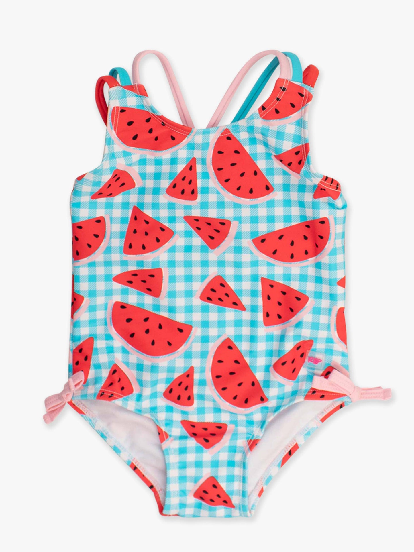 Girls Watermelon Gingham Cross-Back One Piece Swimsuit