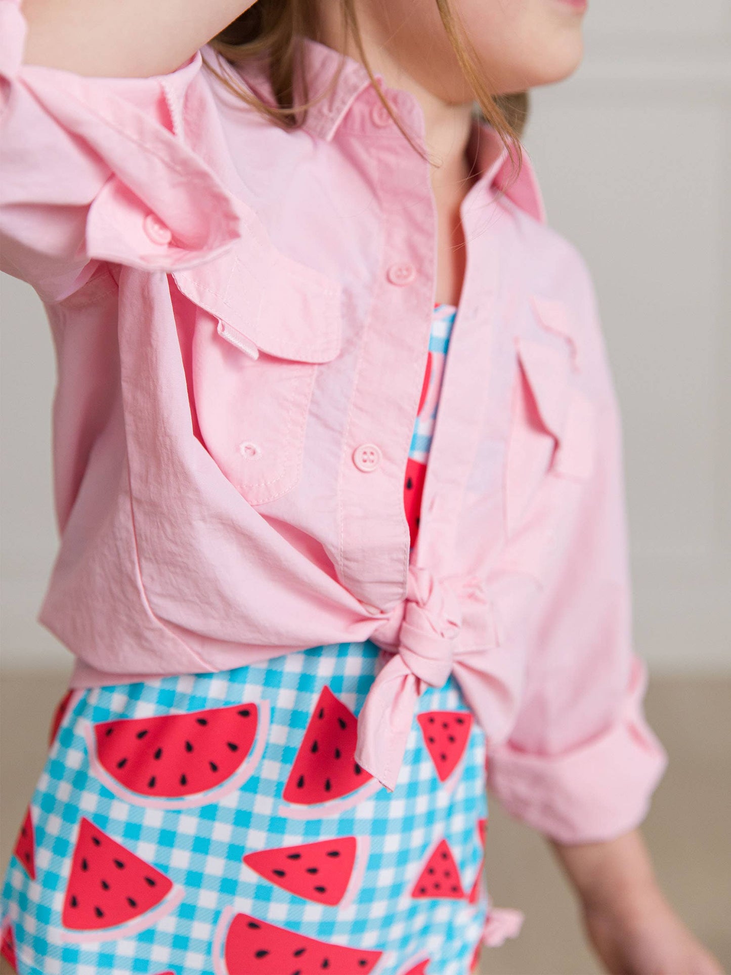 Girls Watermelon Gingham Cross-Back One Piece Swimsuit