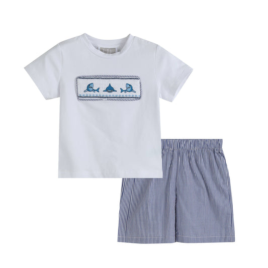 White Shark Smocked Tee and Navy Stripe Shorts Set