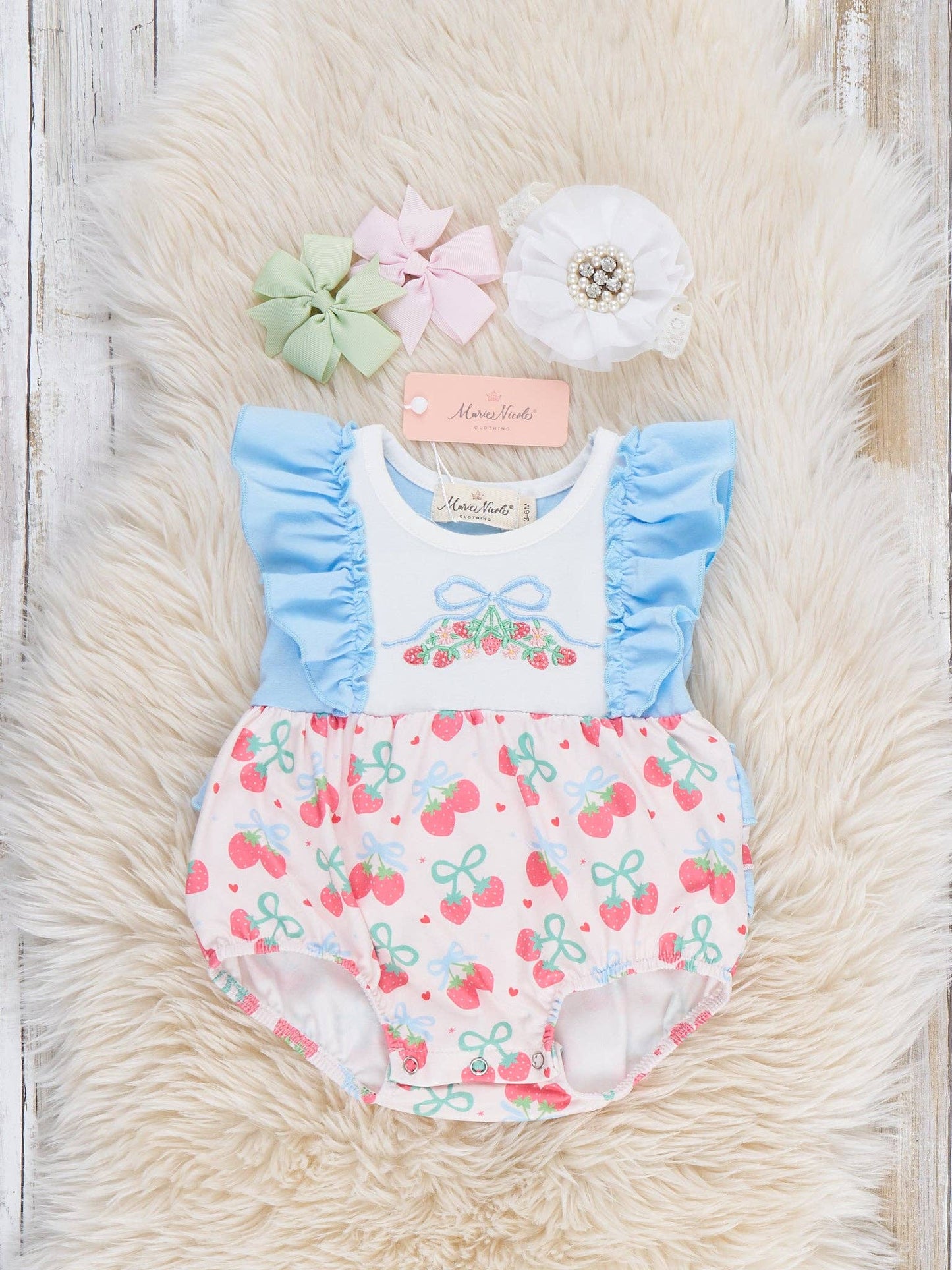 Strawberry Bow Embroidered Ruffle Bubble Romper