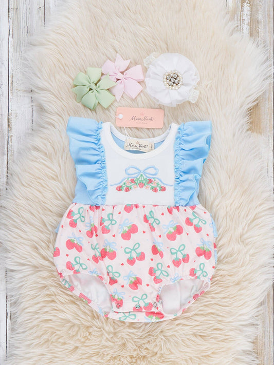 Strawberry Bow Embroidered Ruffle Bubble Romper